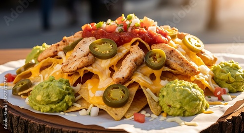 Delicious plate of loaded chicken nachos topped with melted cheese, jalapeno, and guacamole served outdoors