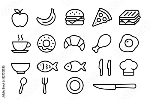 Collection of food icons including pizza, burger, sandwich, and seafood