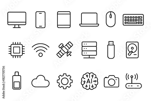 Technology icons: computer, smartphone, tablet, laptop, mouse, keyboard