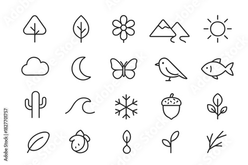 Minimalist nature icons set: trees, flowers, sun, animals, and more