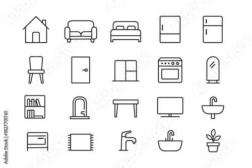 Minimalist home icons set: furniture, appliances, decor, and fixtures