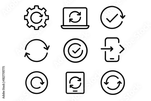 Set of nine black line vector icons for synchronization and refresh