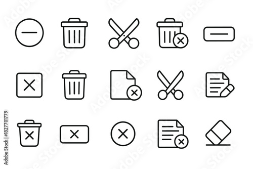 Line art icons for deletion: trash, scissors, document, circle, eraser