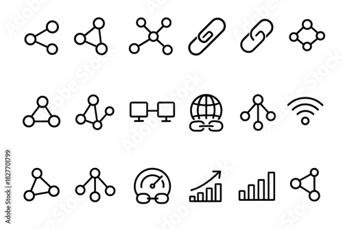 Network and connectivity icons set featuring links, nodes, and graphs