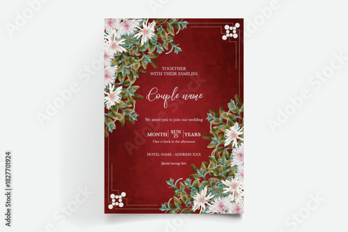 WEDDING INVITATION FRAME WITH FLOWER DECORATIONS AND FRESH LEAVES