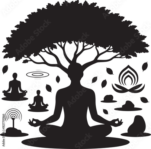 Silhouette of a meditating person with tree branches and leaves background