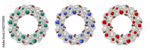 Set of Christmas white pine wreath with decorations and mistletoe. Vector illustration