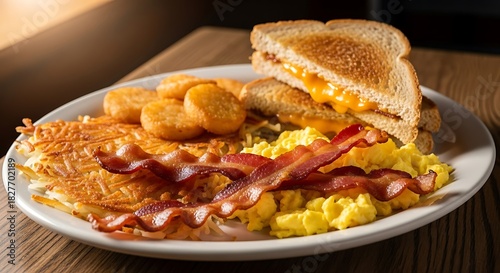 Classic american breakfast plate with scrambled egg, bacon, hash brown, and grilled cheese sandwich