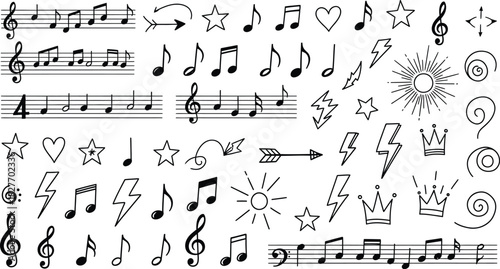 Set of musical notes, symbols doodle, hand drawn design elements including star, lightning bolt, heart, arrow, swirls, sun, crown, etc. Vector clip art