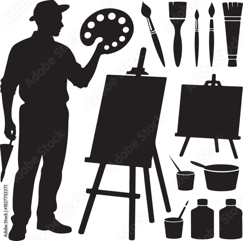 Silhouette of Artist with Palette and Easel Creative Process Concept