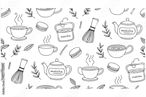 Line-art tea ceremony pattern for product packaging and cafe graphics