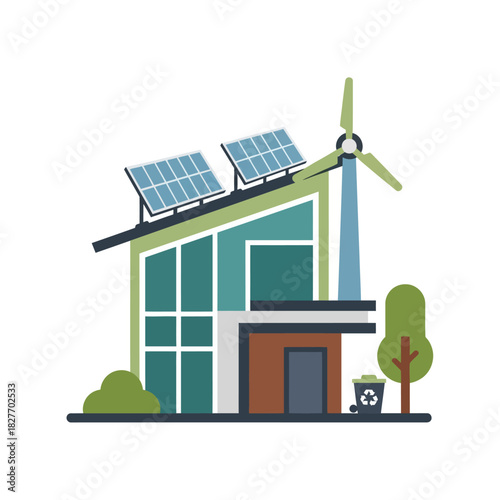 Sustainable Home with Solar Panels and Wind Turbine Illustration.