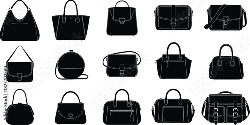 Collection of elegant handbag silhouettes showcasing diverse purse styles, fashion accessories, designer bags, modern shapes, and stylish women’s bag design variations.