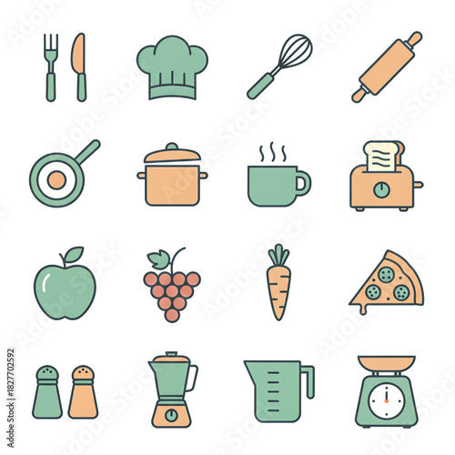 Culinary icons featuring kitchen tools, food items, and cooking utensils for recipe apps, restaurants, and food blogs