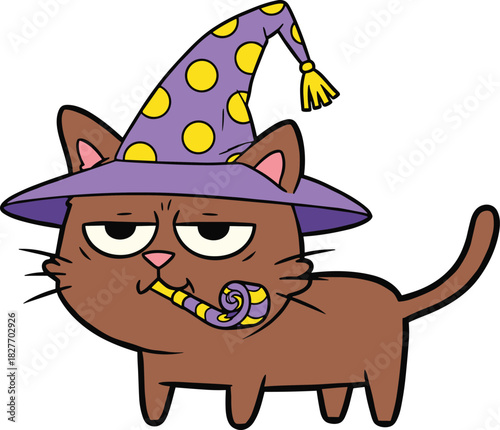 Cartoon brown cat with party hat vector illustration, unimpressed feline blowing horn, humorous celebration character for birthday or festive design
