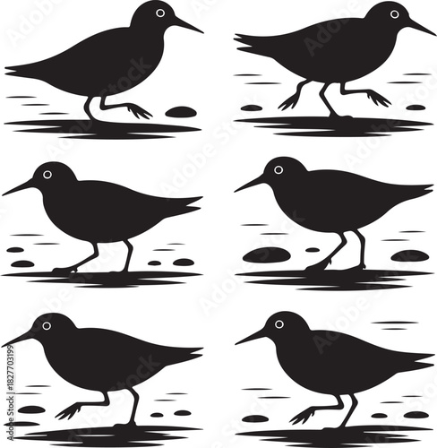 Silhouette of six wading birds walking on rocks and water seamless pattern