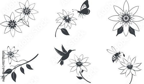 Elegant wild flower hand drawn tattoo design vector