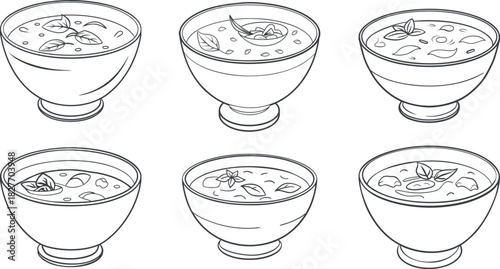 Fresh green basil herb soup lineart dish vector