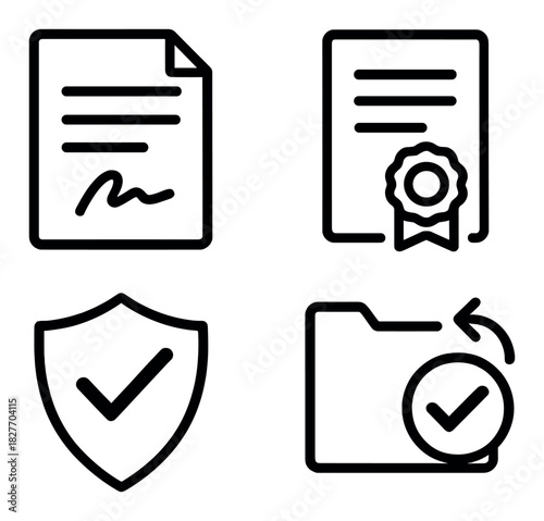 Document certification and security icons on black background