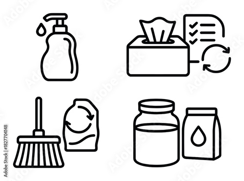 Cleaning and hygiene icon set: soap, tissue, recycling, broom, detergent