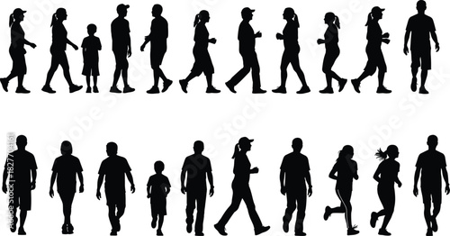 Silhouette collection of people walking, jogging, running and standing in various poses, depicting active lifestyle, movement, exercise and daily outdoor activity