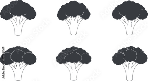 Set of six broccoli vegetable glyph icon symbols vector