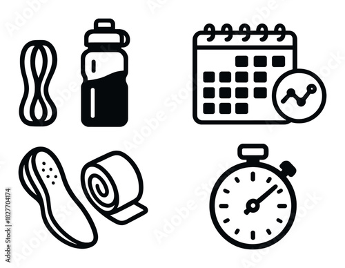 Fitness and wellness icons: stopwatch, calendar, water bottle, yoga mat, resistance band