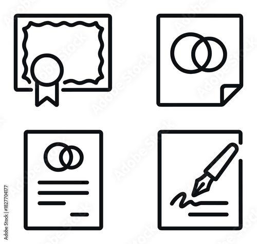 Certificate and document icons with pen and seal design on dark background