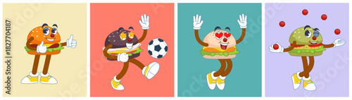 Vintage burger. Retro fast food logotype. Cartoon walking cheeseburger character. Beef patty, cheese and meat. 60s style diner. Happy groovy mascot, face with emotion. Vector isolated illustration