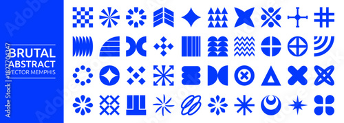 Brutal element. Geometric shape Memphis graphic. Abstract line dot and cross. Retro blue silhouette, minimalism form. Set mosaic isolated objects. Vector trendy vintage collection for garish design