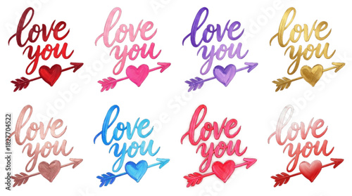 Set of watercolor love you scripts with hearts and arrows. on transparent background