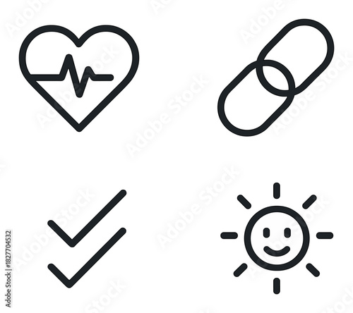 Minimalist icons: heartbeat, capsule, checkmark symbols on grey background