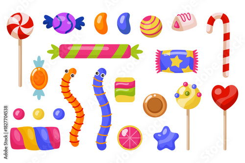 Candy icon. Lollipop confectionery, featuring toffee, striped bonbon. Hard stick gumdrop, sugar cane. Sweet caramel, gummy worms colorful dessert. Vector cartoon flat isolated illustration tidy design