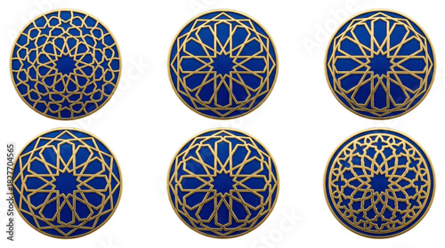 Six golden Islamic geometric round ornaments on blue. on a black background.