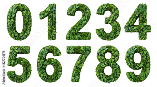 Full set of numbers 0-9 made from lush green leaves and moss. cutout on transparent background