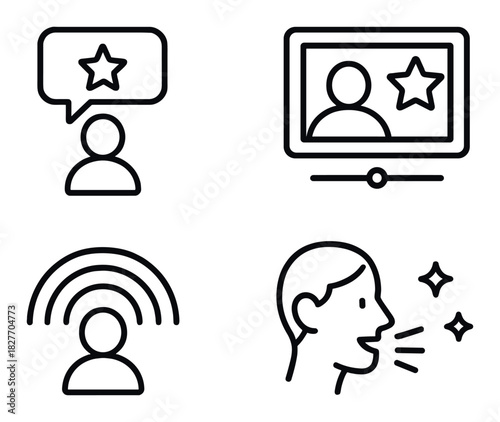 Abstract communication icons including chat, video, broadcast, review