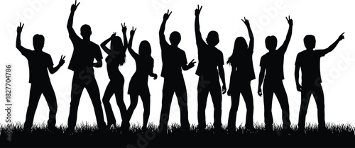 Silhouette group of happy young people dancing and celebrating together outdoors, expressing joy, freedom, unity, friendship, energetic party atmosphere