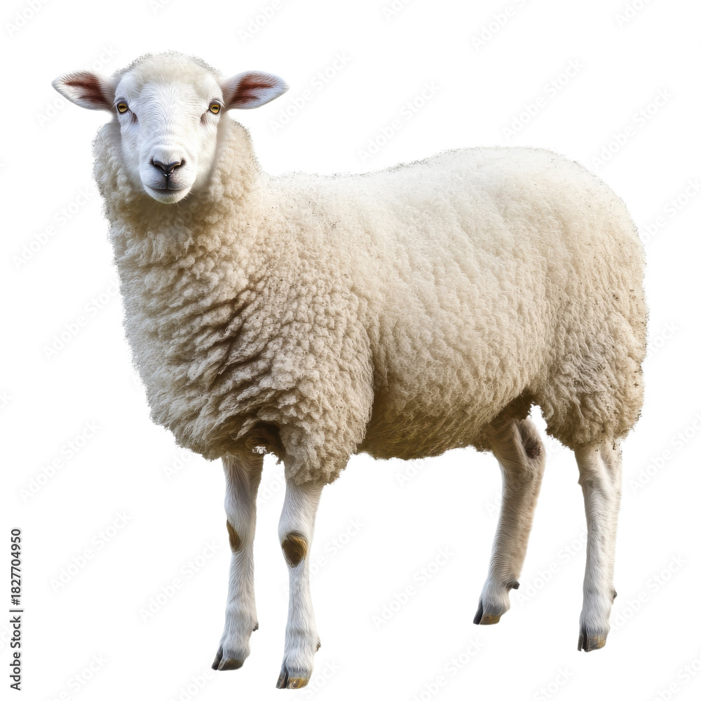 Obraz premium White sheep PNG cutout on transparent background, fluffy farm animal clipart, isolated wool livestock for design