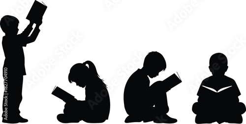 Silhouette illustration of children reading books in various poses, symbolizing education, learning, childhood development, study habits, literacy, and academic growth.