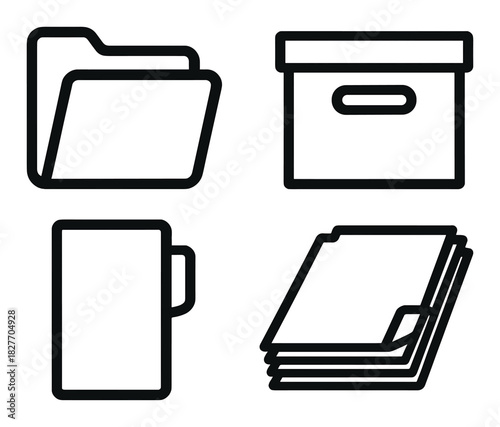 Minimalist icons: folder, storage box, coffee mug, document stack