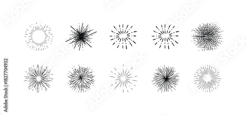 Fireworks on the day night on white background. Stylized black and white illustration of a bursting fireworks display against a clean white background, vector illustration.