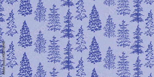 Seamless pattern with hand-drawn winter fir trees in doodle style. Simple sketchy Christmas forest background for wrapping paper, seasonal decor and holiday designs