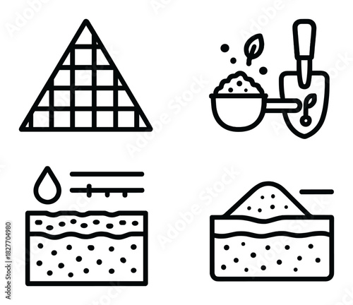 Minimalist garden icons with pyramid, soil tools, watering, seedlings on yellow background
