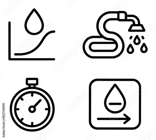 Water usage icons: flow, hose, stopwatch, drop management symbols on dark background