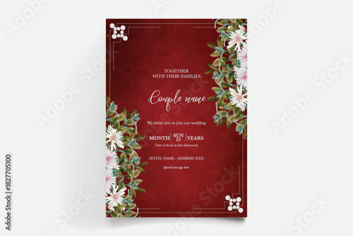 WEDDING INVITATION FRAME WITH FLOWER DECORATIONS AND FRESH LEAVES