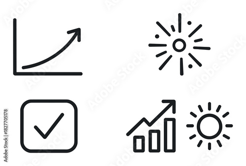Abstract icons: growth chart, sunbursts, checkmark, rising bar graph on dark background