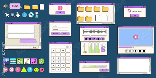 Retro computer interface. Vintage desktop icons. File folders. Chat windows. Login form. Welcome screen. Message dialog. Error notification. Web UI layout. OS menu buttons. Vector old elements set