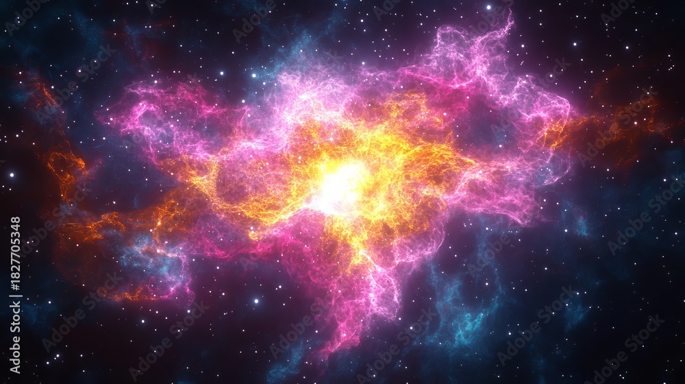 Fototapeta premium A Stunning Cosmic Landscape Featuring a Vibrant Nebula, Fiery Clouds, and a Dazzling Starfield