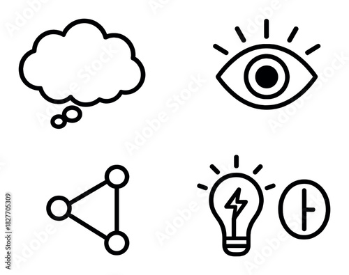Minimalist icon set featuring cloud, eye, share, and lightbulb symbols