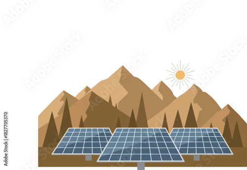 Illustration of photovoltaic solar panels in a rural area with mountains in the background, white background